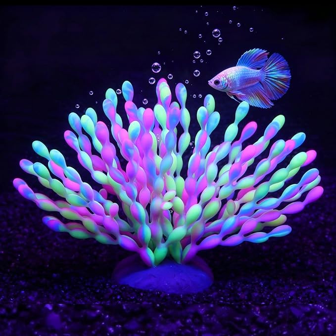 ZtohPyo Glow in the Dark Aquarium Decor, Safe Soft Silicone Fluorescent Fish Tank Decorations Artificial Sea Grapes for Fish Tank Landscape Decoration, 7.09" D x 4.72" H