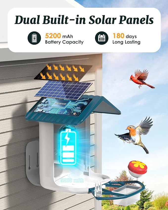 Bird Feeder with Camera Solar Powered, 2K Live Arrival Alert Auto Capture Video with 32GB TF Card, AI Identify Smart Camera Bird Feeder Ourdoor Backyard Gift for Mom Dad Birdlover, 2.4G WiFi