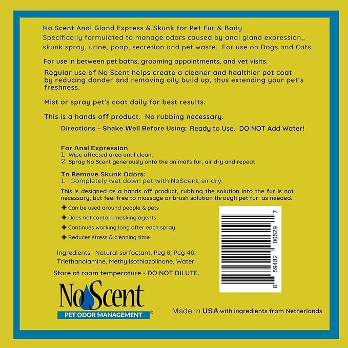 No Scent Anal Gland Express & Skunk Spray Pet Fur Cleaner for Dogs & Cats (8 Fl Oz / 237 mL)