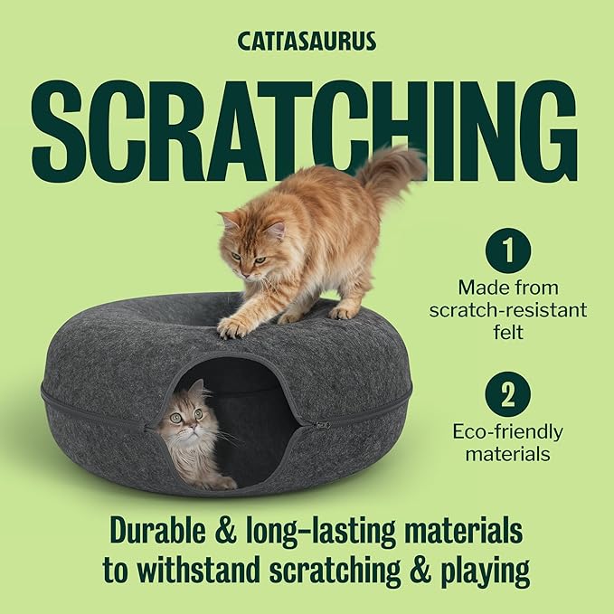 Cattasaurus Peekaboo Cat Cave Donut for Multiple & Large Cats up to 30-45 lbs, 3-in-1 Self Warming Cat Bed, Tunnel & Scratcher for Indoor Cats, Washable & Detachable Small Dog Bed (Dark Gray, Jumbo)