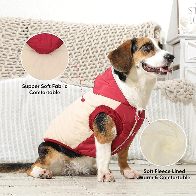 Vecomfy Fleece Lining Extra Warm Dog Hoodie in Winter for Small Dogs Jacket Puppy Coats with Hooded,Beige and Red M