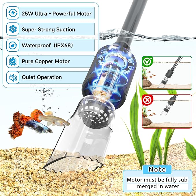 fishkeeper Electric Aquarium Gravel Cleaner, 6 in 1 Automatic Fish Tank Cleaning Tools Gravel Vacuum for Aquarium, Suitable for Water Change Wash Sand Water Circulation Adjustable Flow (25W, 265GPH)