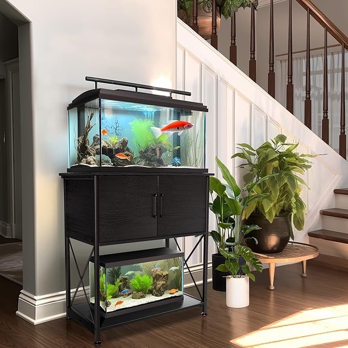Herture 20-29 Gallon Aquarium Stand Metal Frame Fish Tank Stand with Cabinet Storage, for 20 Gallon Long Aquarium,30.7" L*16.5" W Tabletop,330LBS Capacity Black PG01YGB