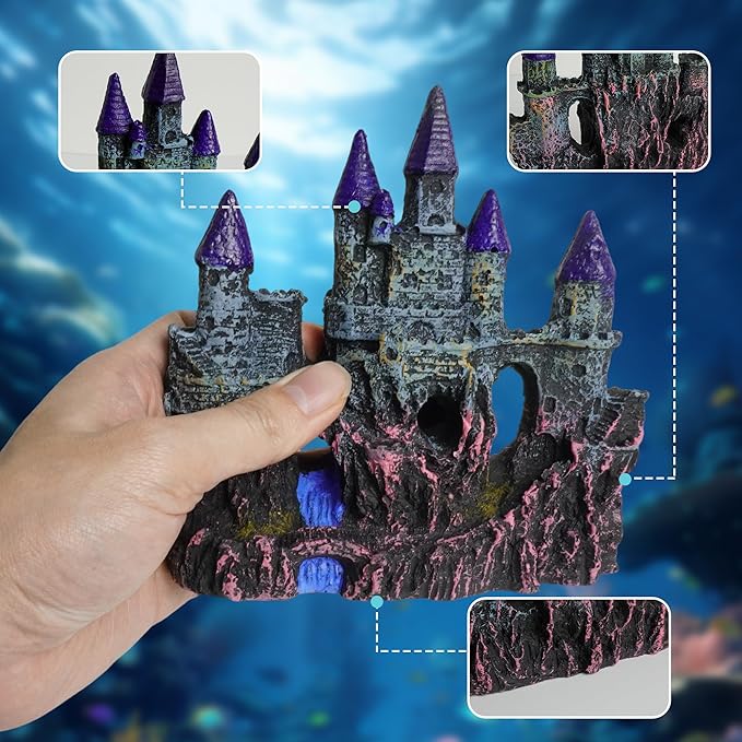 Aquarium Resin Castle Decor with 7 Pcs Artificial Plastic Plants, Fish Tank Decorations Accessories Set Landscaping Ornaments for Betta Guppies Shrimp Hideout Cave