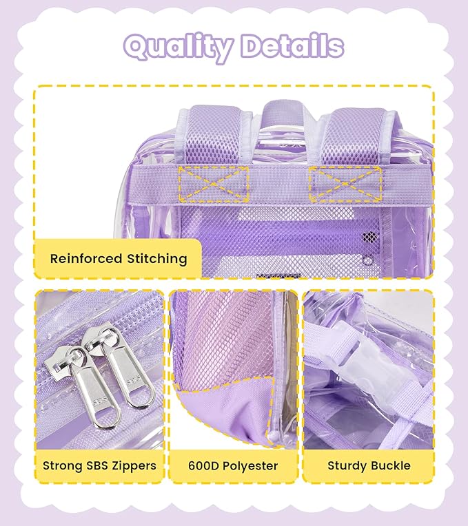 Vorspack Clear Backpack - Heavy Duty Transparent Bookbag for Adults Extra Large See Through backpacks for Work, College, Travel - Purple