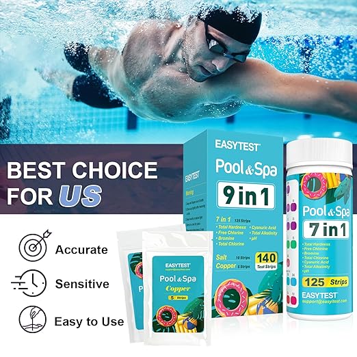EASYTEST 9-Way Pool Test Strips, 140 Strips for Hot tub and Spa, Accurate Testing pH, Total Chlorine, Free Chlorine, Bromine, Alkalinity, Total Hardness, Cyanuric Acid, Salt and Copper