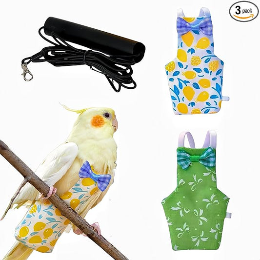 2 Pcs Bird Diapers Bird Harness Flight Suits Diapers with 80 Inch Flying Leash Reusable Parrot Nappy with Waterproof Inner Layer for Cockatiel Budgie Conure Parakeet Lovebird-Bowknot&Lemon