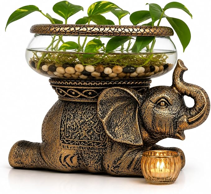 Good Luck Elephant Terrarium Bowl, Antique Gold | Elephant Figurine with Removable Glass Bowl, Succulent Planter, Candle Holder, Air Plant Display, Zen Home Décor Accent
