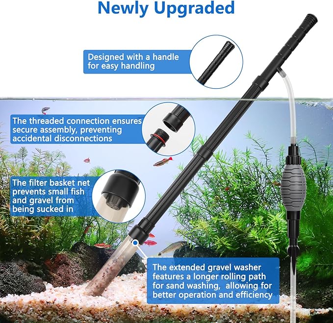AQQA Gravel Vacuum for Aquarium Siphon - Adjustable Flow Fish Tank Cleaner with Handle, Manual Siphon Pump Water Changer Sand Rock Suction Cleaner, Upgraded Hard Hose with Threaded Connection (S)