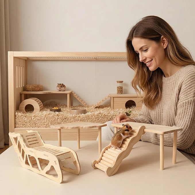4 Pcs Hamster Platform Wooden Tunnel Ladder Hidden Play House Hamster Game Climbing Toy with Platform, Decor Toy cage Accessories for Dwarf Syrian Mice Degus Gerbils Squirrel and Other Small Pets