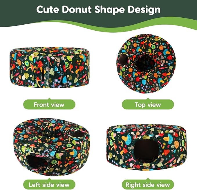 Guinea Pig Hideout & Tunnels Cozy House with Door Curtain Soft Bed for Small Pets/Hamsters/Sugar Gliders/Chinchillas - Blackish Green Mushroom