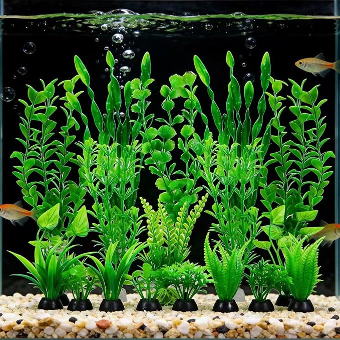 Artificial Aquarium Plants Set, Plastic Fish Tank Decorations, Fish Tank Decor for Betta Goldfish (18pcs-Green)