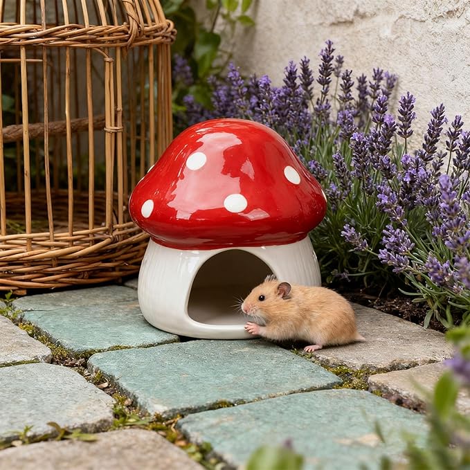 Ceramic Hamster House Hideaway House Outdoor Cute Mushroom Shaped Cave Guinea Pig Hideout for Small Pets Chipmunk Gerbils, Red