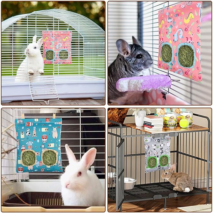 UPINS 3 Hay Bag for Rabbits - 2-Hole Hanging Hay Feeder for Guinea Pigs, Chinchillas, Hamsters & Small Pets (Dark Color)