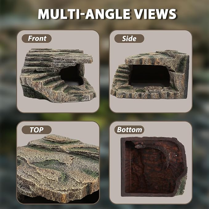Extra Large Reptile Hide and Basking Platform, Resin Rock Cave for Bearded Dragons, Geckos, Snakes, Turtles and Lizards