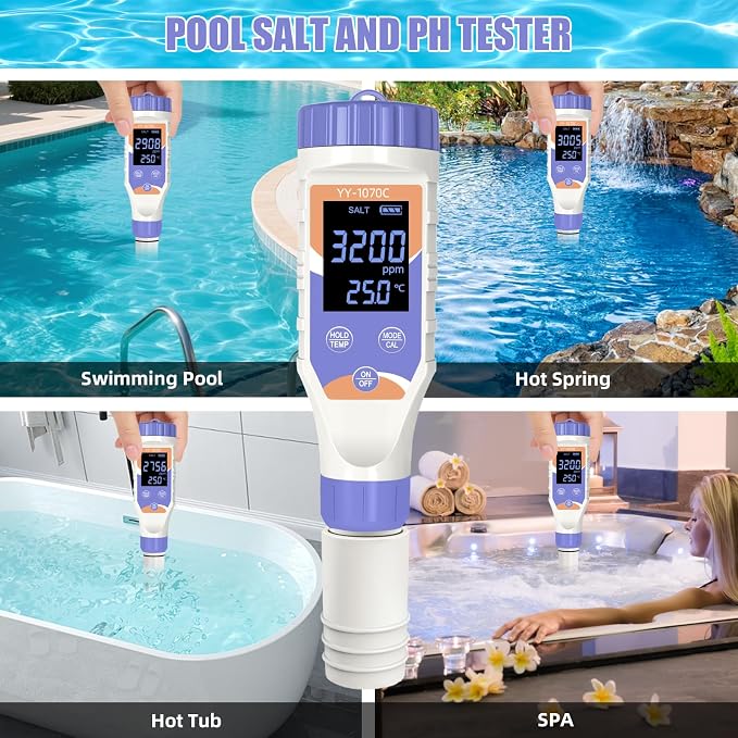 7-in-1 Digital Pool Water Tester, Accurate Chlorine, pH, Salt, ORP, EC, TDS & Temperature Meter for Saltwater Pools, Hot Tubs, Aquariums, Spas & Hydroponics