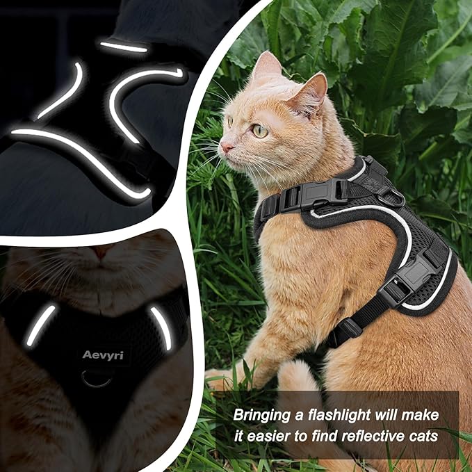 Cat Harness, Cat Harness and Leash for Walking, Adjusted in Four Directions and Breathable Cat Harness for Anti Escape that can be Fitted and Positioned, Reflective Strips Harness, Black, S