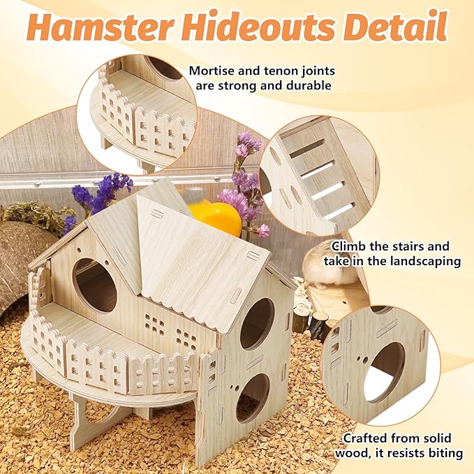 BNOSDM Double Hamster Hideout House, Wooden Hamster Toy with Balcony & Seesaw, Small Animals Hides for Syrian Dwarf Hamsters, Gerbils