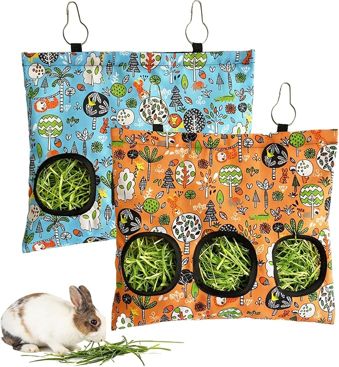 Rabbit Hay Feeder Bag, Guinea Pig Hay Feeder for Cage Small Animal Hanging Feeding Bags Rabbit Hay Dispenser Storage for Rabbits Guinea Pigs Bunnies Chinchillas (Orange,Light Blue, 3 Hole)