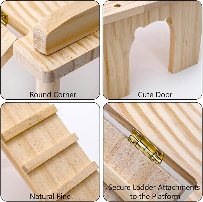 Hacaroa Wooden Hamster Hideout with Ladder, Large Hamster Platform Guinea Pig Hide Play House, Small Animals Climbing Toy Chinchillas Cage Accessories for Syrian Hamsters, Rats, Gerbils