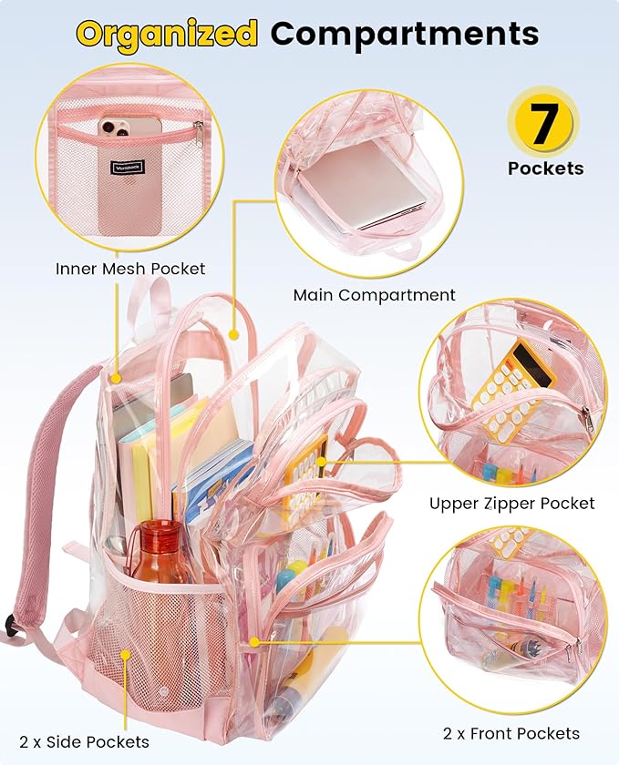 Vorspack Clear Backpack for School - Heavy Duty See Through Bookbag for Girls Boys Extra Large Transparent Backpacks for Work, Travel - Pink