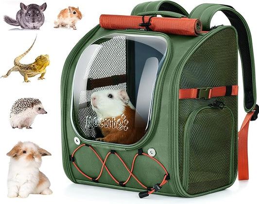 Pecute Small Pet Carrier, Breathable Guinea Pig Carrier with Transparent Bubble & Steel Frame, Safety Lock for Hamster, Rabbit, Bearded Dragon, Lizard, Ideal for Hiking, Vet Visits, Camping, Green