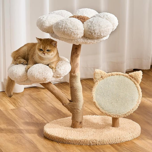 Aesthetic Flower Cat Tree Tower with Scratching Post for Indoor Cats, 30" H Modern Cat Tree with Natural Solid Wood Branch, Fluffy Cat Beds Removable & Large Scratching Board, Dreamy Blue