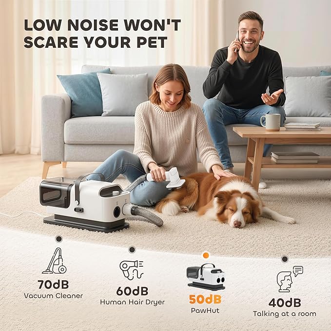 PawHut Dog Grooming Vacuum & Dryer, 5 in 1 Pet Grooming Kit with 50dB Low Noise Electric Clipper, 12Kpa Powerful Dog Vacuum for Shedding Pet Hair, Adjustable Speed & Temperature, 1.8L Canister