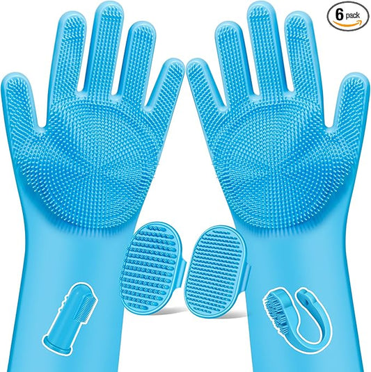 Augwind 6PCS Pet Grooming Kit for Dogs, Cats and Horses | Dog Washing Gloves | Cleanroom Gloves | Dog Bath Brush | Dog Bath Gloves | Dog Shampoo Brush | Dog Bath Supplies (Light Blue)