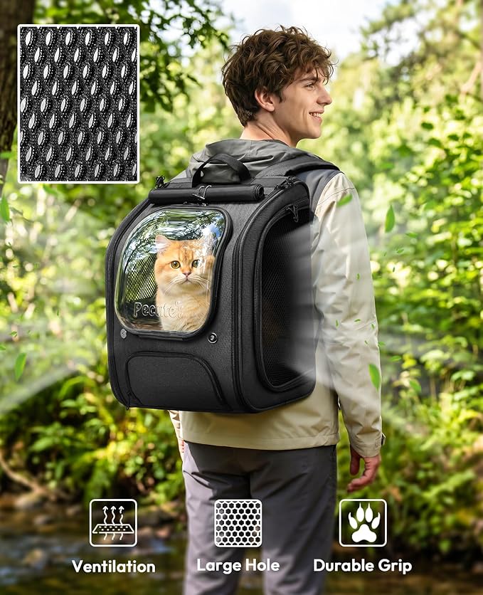 Pecute Cat Backpack Carrier, Large Space Cat Bubble Backpack, Breathable Cat Carrier, Shaded Dog Backpack Carrier, Ergonomic 3D Design for Travel, Hiking, Walk, Suitable for Shopping, Car, Vet, Black