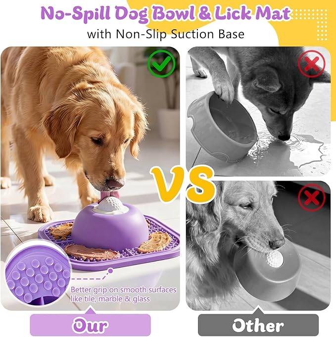 PetsHome Slow Feeder Dog Bowls & Lick Mat for Liquid and Thick Treat, Anti-Slip Dog Lick Bowl with Interactive Rolling Ball, 5/6 Cup Pup Licking Toy for Large Medium Small Dogs and Cats Purple