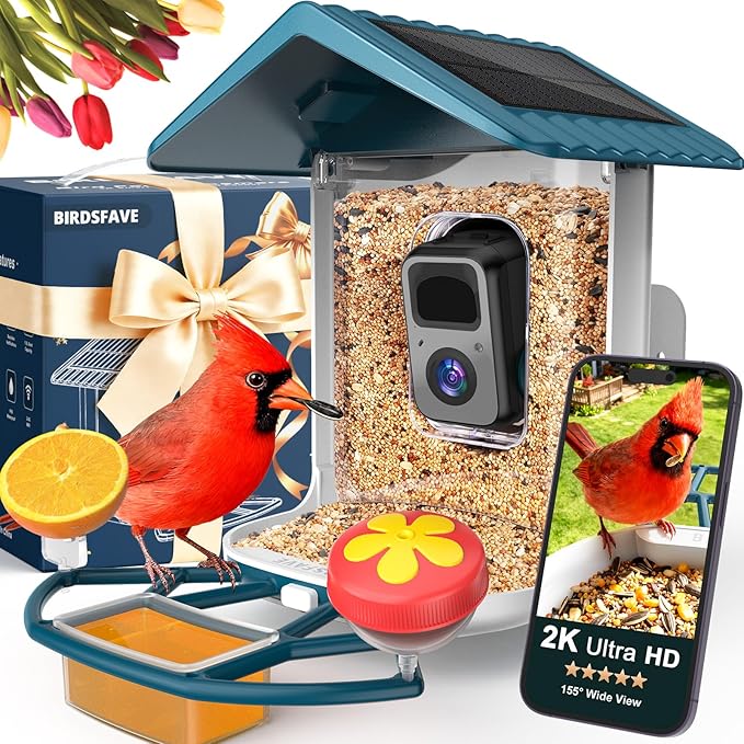 Bird Feeder with Camera Solar Powered, 2K Live Arrival Alert Auto Capture Video with 32GB TF Card, AI Identify Smart Camera Bird Feeder Ourdoor Backyard Gift for Mom Dad Birdlover, 2.4G WiFi