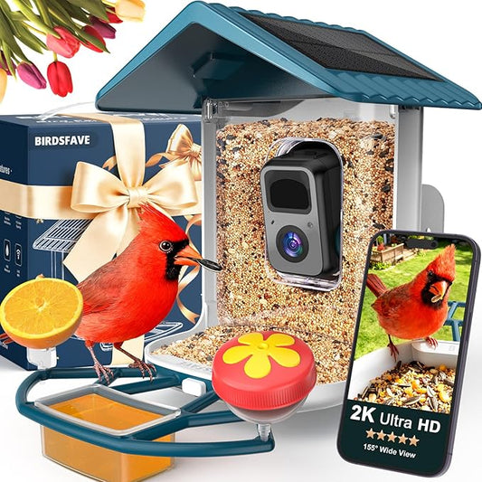 Bird Feeder with Camera Solar Powered, 2K Live Arrival Alert Auto Capture Video with 32GB TF Card, AI Identify Smart Camera Bird Feeder Ourdoor Backyard Gift for Mom Dad Birdlover, 2.4G WiFi
