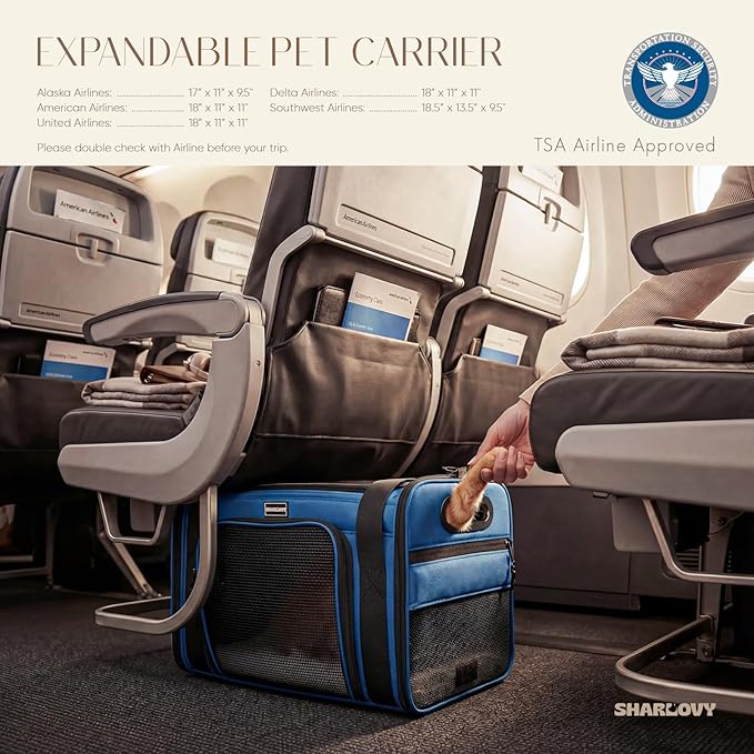 Top-Expandable Pet Carrier with Treat & Pet Window,17x11x9.5 Inch Alaska Hawaiian Airline Approved,Soft-Sided Dog Carrier for Small Dogs and Cats,Travel Cat Carrier with Locking Safety Zippers,Blue