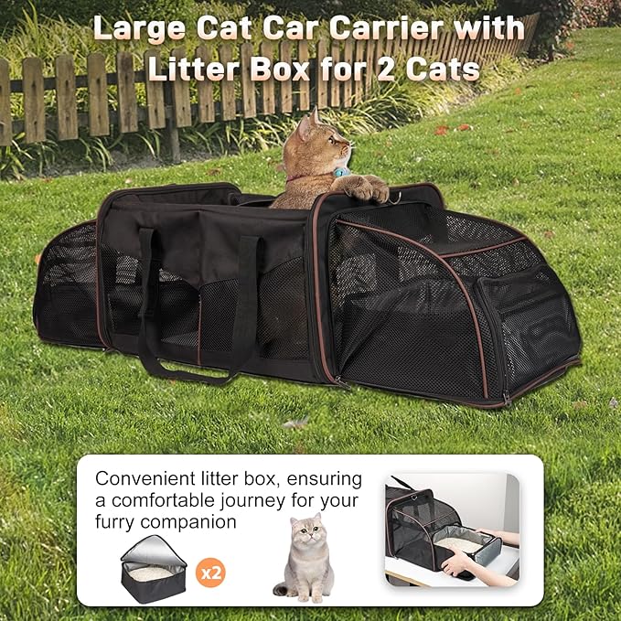 Large Cat Carrier for 2 Cats with 2 Litter Boxes, A.FATI Expandable Foldable Double Pet Carrier with Removable Divider, Breathable Mesh Oxford Cat Travel Crate for Car/Camping/Vet, Black