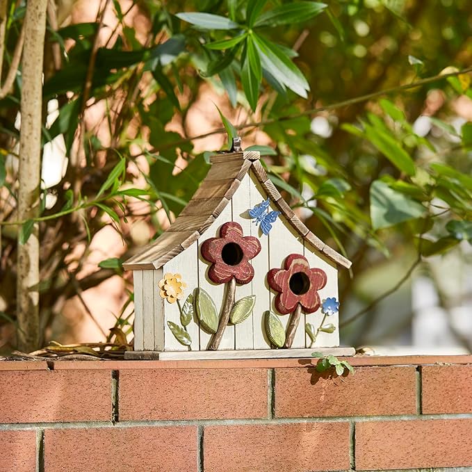 Glitzhome Bird Houses for Outside, 10.75" L Distressed Solid Wood Hanging Birdhouse with 3D Flowers Rustic Two-Story Townhouse Hand-Painted Garden Bird Houses for Outdoors,Washed White