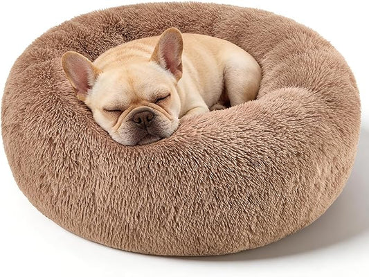 Dog Calming Beds for Small Medium Large Dogs - Round Donut Washable Dog Bed, Anti-Slip Faux Fur Fluffy Donut Cuddler Anxiety Cat Bed(28" Khaki