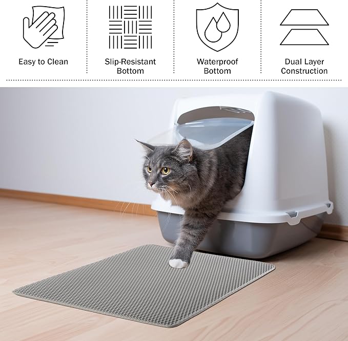 Cat Litter Mat - 24x15-Inch Waterproof Litter Box Mat with Dual-Layer Honeycomb Design for Trapping Litter - Slip-Resistant Cat Mat by PETMAKER (Gray)