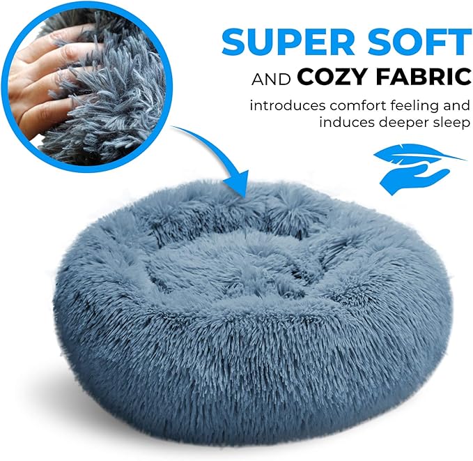 Whiskers & Friends Cat Beds for Indoor Cats, Fluffy Calming Donut Cat Bed, Small Dog Bed Washable - Orthopedic Soft Plush Pet Beds Sized for Kitten to Large Cats & Puppy to Small Dogs - Navy Grey C