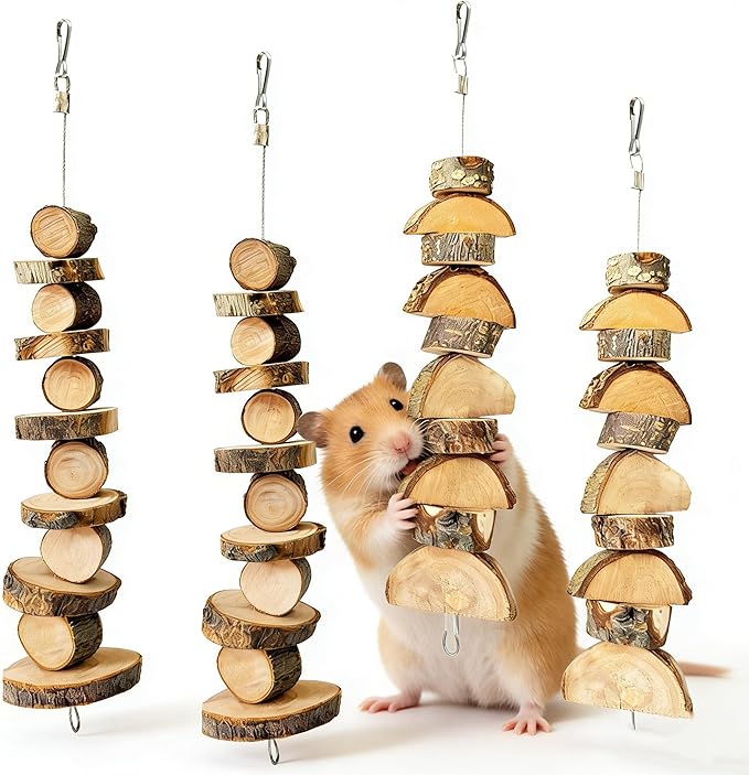 4 Pack Small Animal Chew Toys, Natural Apple Wood Sticks Hanging Chew String for Hamsters, Rabbits, Chinchillas, Guinea Pigs - Dental Molar Treats & Cage Accessories