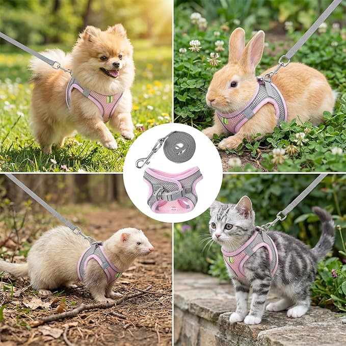 Bunny Harness and Leash Set Breathable Pet Rabbit Harness and Leash Set Soft Rabbit Leashes Reflective Strips Jacket Escape-Proof Walking Gear for Rabbits, Small Kitten, Puppy, Guinea Pigs (Pink,S)