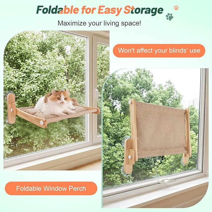 Large Foldable Cat Window Perch - Natural Pine Cat Sill Seat, 50LBS Heavy Duty Cordless Design, Space-Saving No-Scratch Window Hammock for Indoor Cats