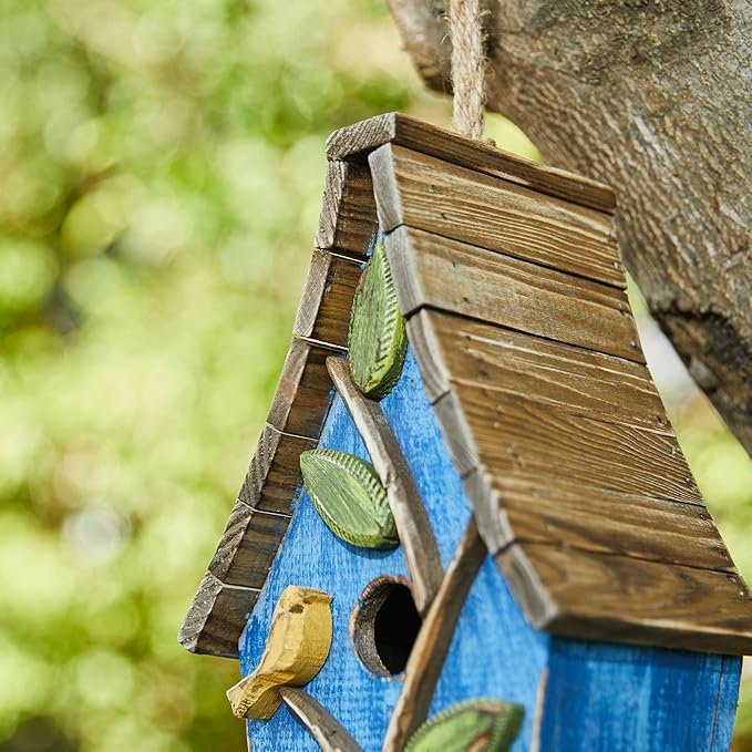 Glitzhome Hanging Bird House for Outdoor, 9.5"H Decorative Pet Cottage Distressed Wooden Bird House with Natural Wood Slatted Roof and 3D Tree for Bluebird Swallow Sparrow Finch Cardinals,Washed Blue