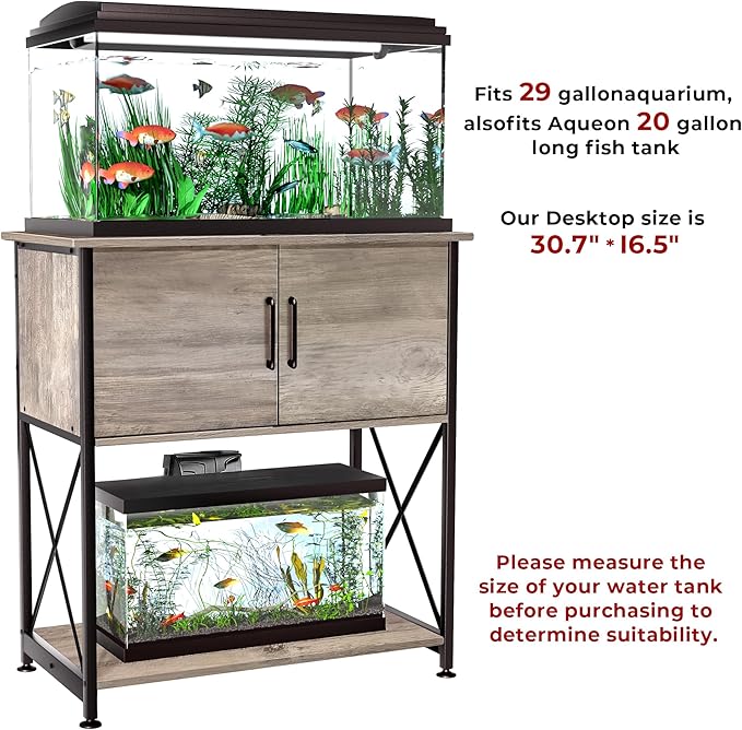 Herture 20-29 Gallon Aquarium Stand Metal Frame Fish Tank Stand with Cabinet Storage, for 20 Gallon Long Aquarium,30.7" L*16.5" W Tabletop,330LBS Capacity Grey PG01YGZ