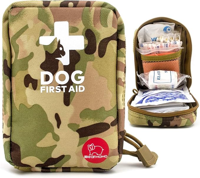Portable Dog First Aid Kit 72 PCS Medical Supplies with Thermometer Emergency Blanket Splint Pet Emergency Bag for Camping Walking Cycling Car Hiking, Camo