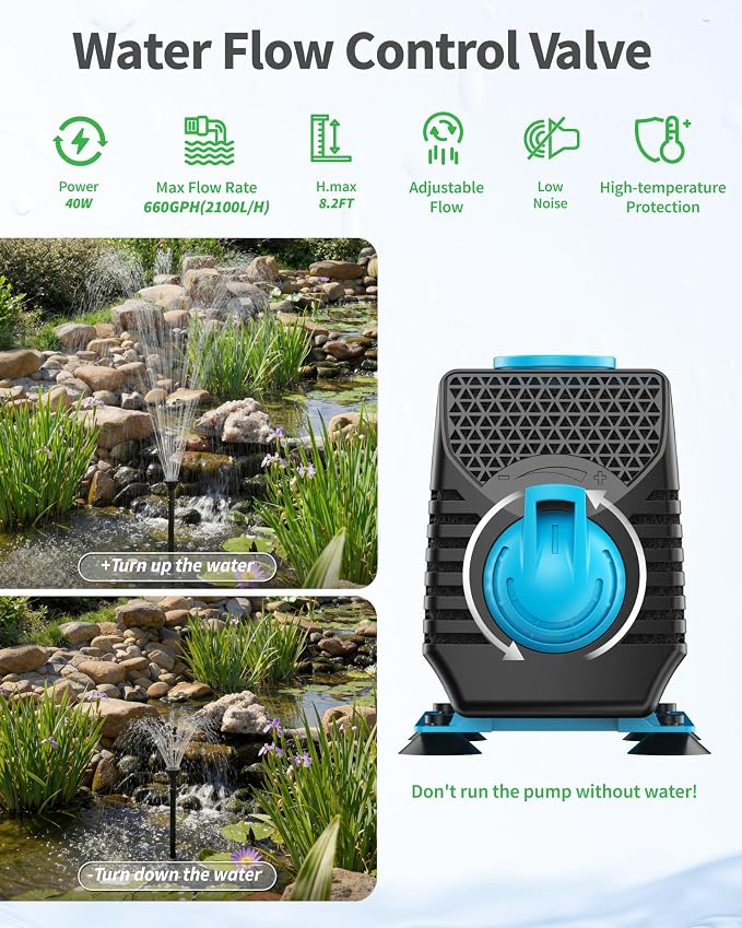 Pond Pump with LED Lights, 660GPH Submersible Pump RGB Pond Filter System with Adjustable Height & Water Flow for Garden Pond Fish Tank Day & Night Pond Decoration -P1104D