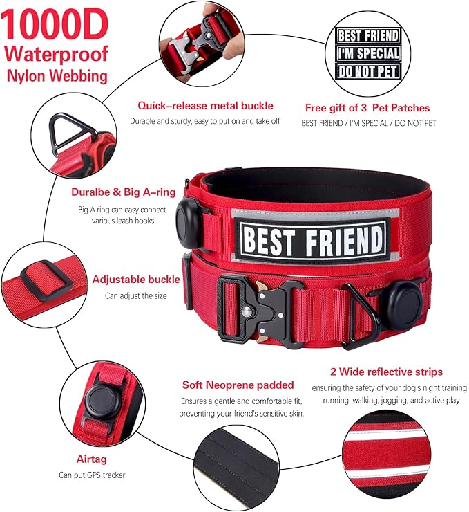 AirTag Dog Collar, 2" Wide Tactical Military Dog Collar with AirTag Holder & 3 Pet Patches, Soft Padded Reflective Waterproof Nylon Collar with Metal Buckle for Large Dogs (Red, L)