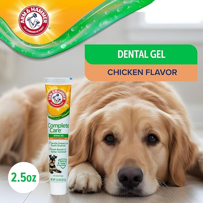 Arm & Hammer Complete Care Dental Gel Dog Toothpaste, Gel-Style for Gentle Enamel Care, Fresh Breath, Tartar Control, Baking Soda Enhanced, Fluoride Free, Chicken Flavor, 2.5 Oz