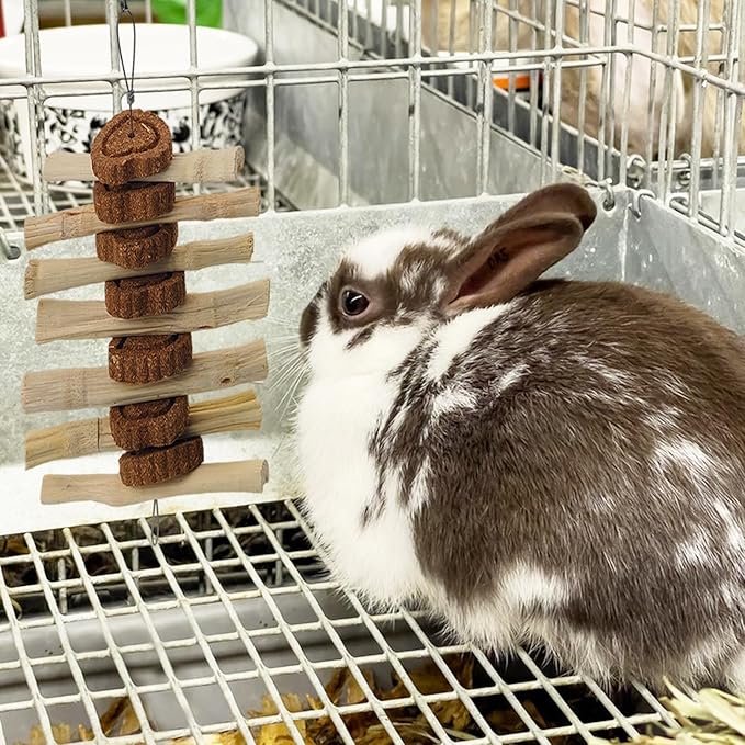 4 PCS Bunny Chew Toys for Grinding Teeth, Hanging Rabbit Snack Toy Natural Chinchilla Sweet Bamboo Sticks Carrot Cake Small Animal Treats String for Chinchilla, Guinea Pigs, Squirrel, Gerbil