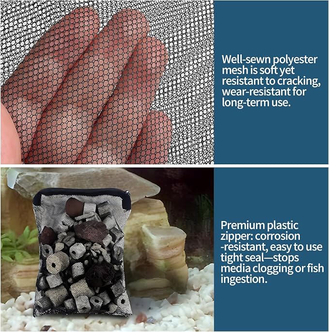 10 Pack 7.8 x 5.9 Inch Media Bags for Aquarium, Aquarium Filter Media Bags with Zipper, Fish Tank Fine Mesh Bag for Carbon, Bio Balls, Ceramic Rings, Volcano Rock (Black)